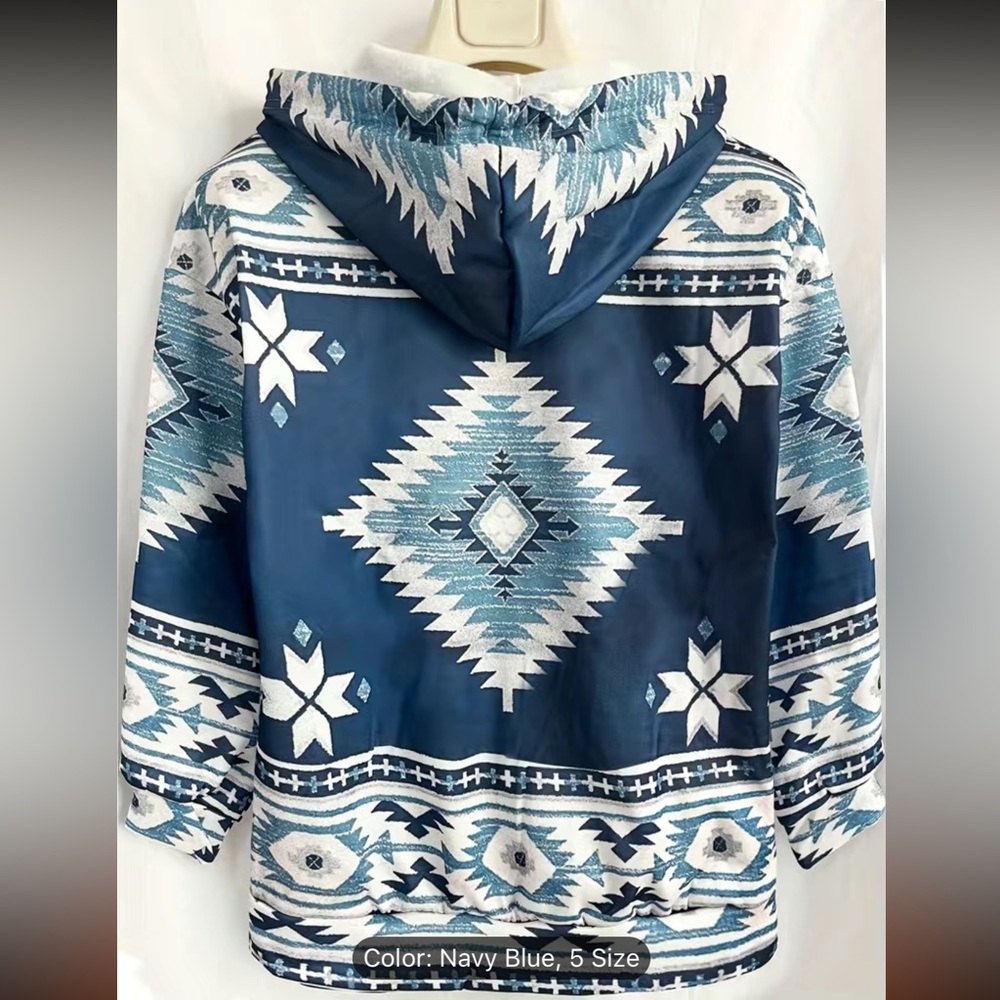 CLEARANCE 🔖 NWT BLUE/WHITE SOUTHWESTERN PRINT HOODED SWEATSHIRT Women’s XXL - Picture 3 of 5